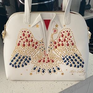 Stylish White Shoulder Bag with Red and Blue Design